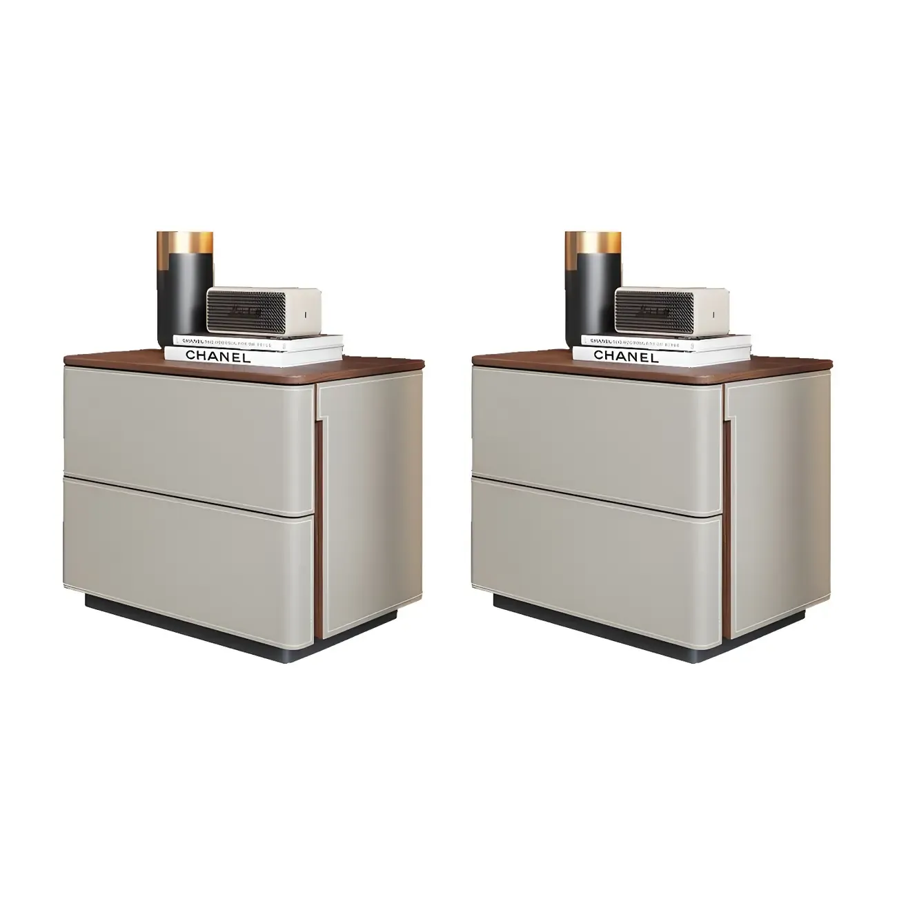Modern Faux Leather Wood Top Drawers Nightstand