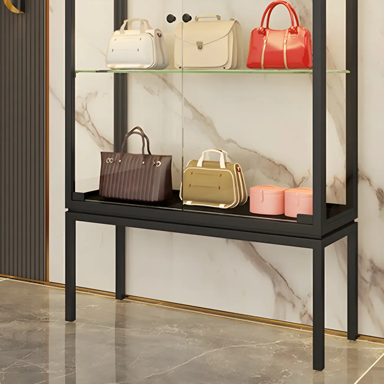 Glam Clear Glass Shelf Black Metal Frame Curio Cabinet