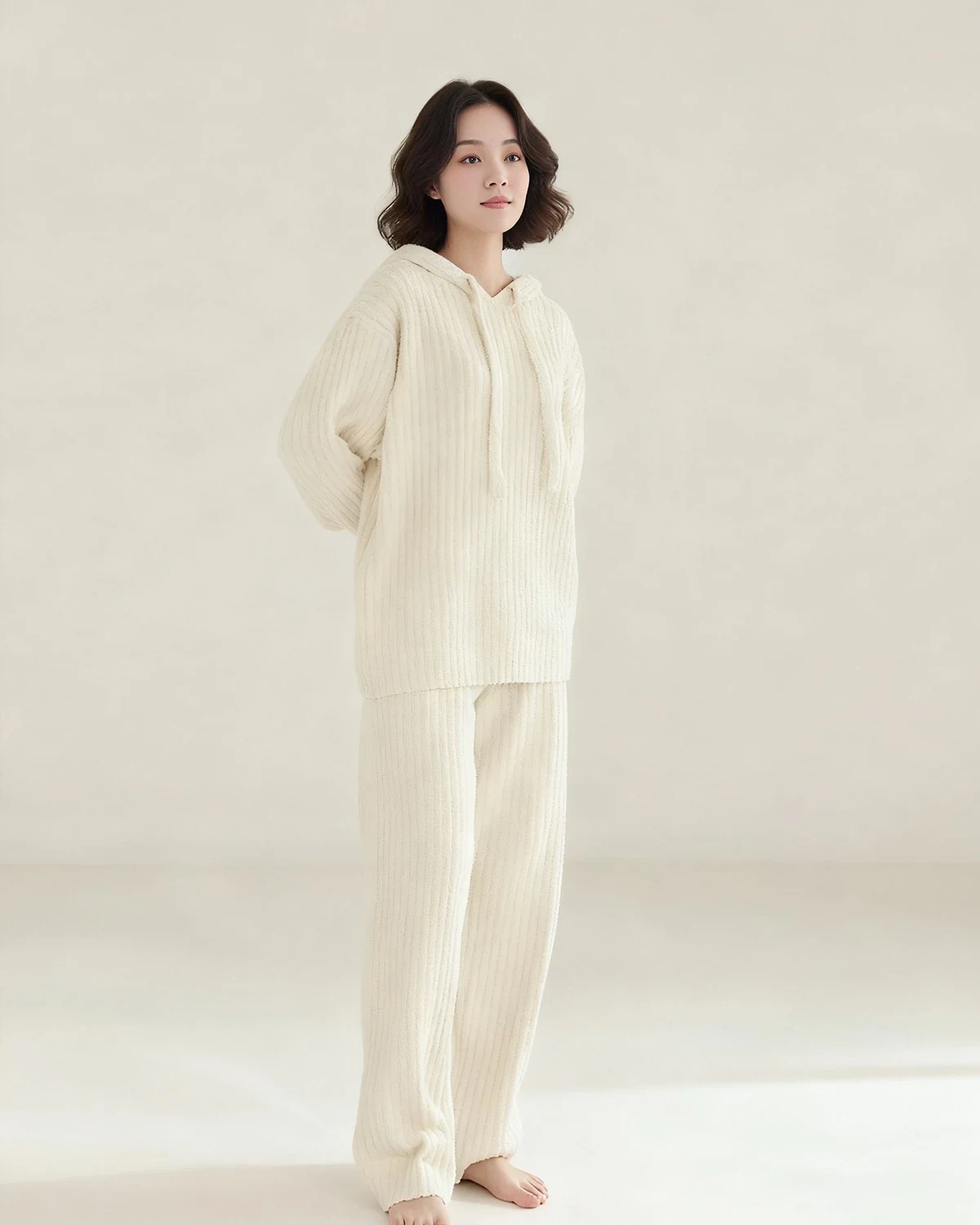 Lazy Vertical Stripe Soft Half-Fleece Loungewear Set, Hooded Loose Thick Warm Pajama Pants, suitable for layering or wearing on its own