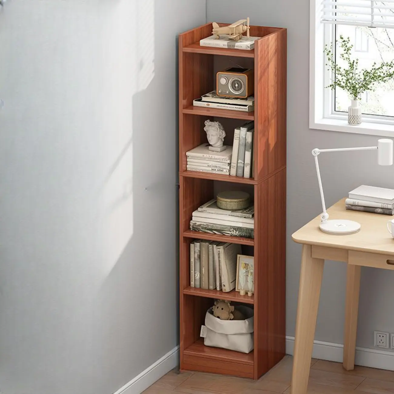 Scandinavian Oak Rectangle 5-Shelf Wood Bookcase