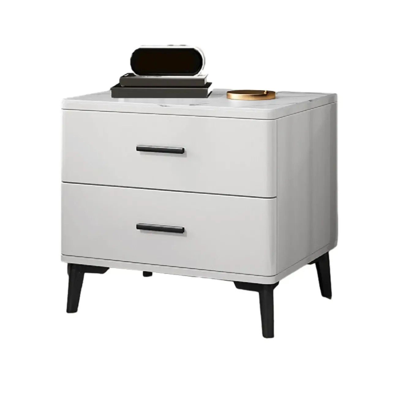 Modern White Stone Top Oak 2-Drawer Nightstand