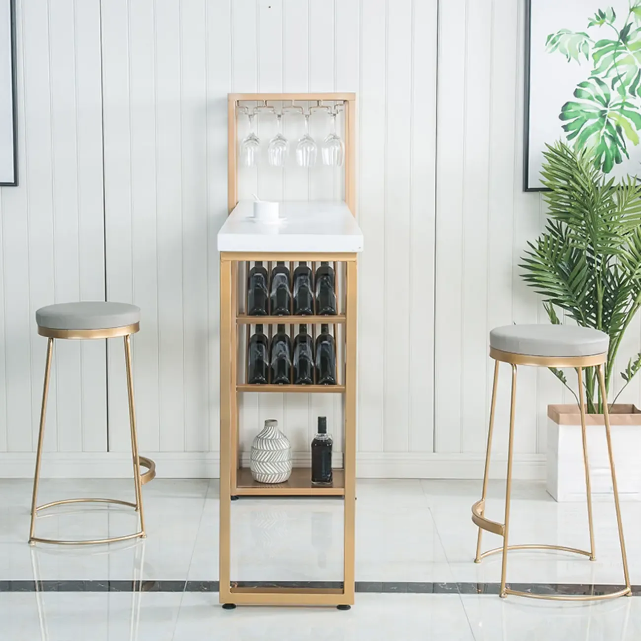 Glam White-Gold 2-Tier Shelves Bar Tables with Stemware Holders