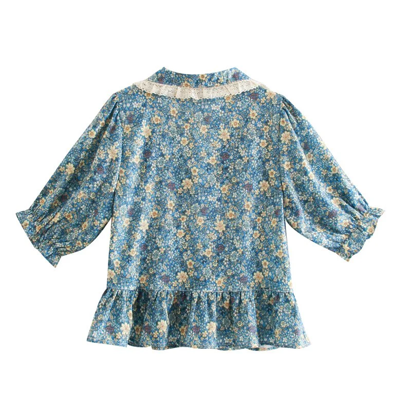 Hulianfu New French Style Lace Patchwork Floral Print Crop Tops Women Summer Casual Chic Peter Pan Collar Blouses Female Fashion Top - Deanwangkt