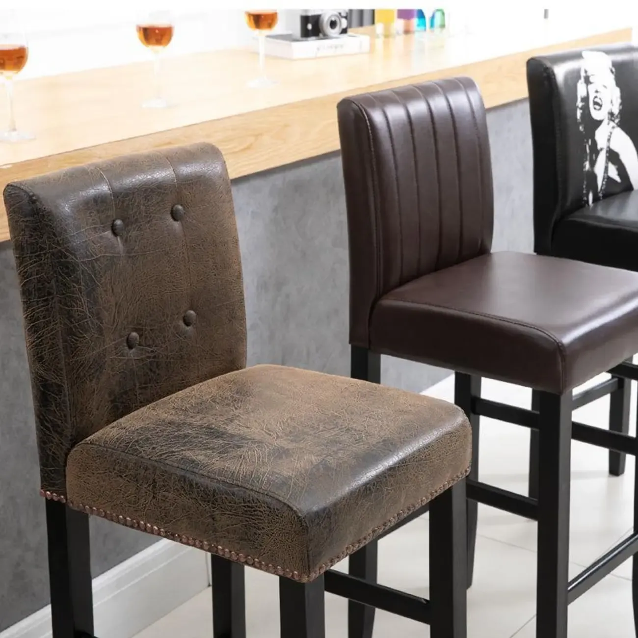 Traditional Wood Leather Upholstered Bar Height Stool
