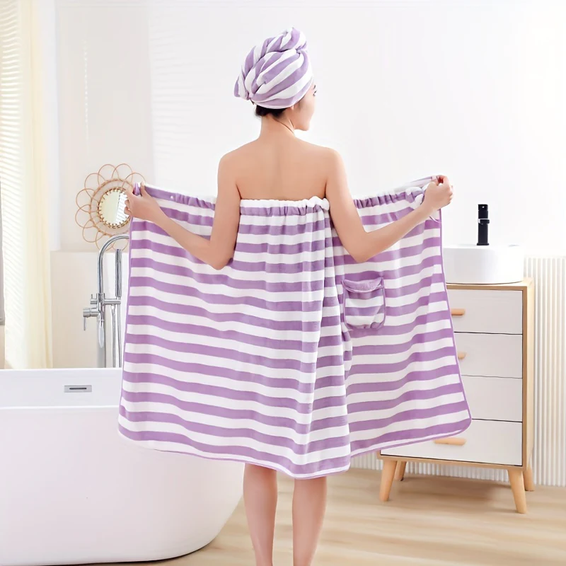2pcs High Quality Striped Bath Towel Set, 1 Soft Cover Up Towel Skirt + 1 Super Absorbent Hair Drying Towel, Skin-friendly Shower Towel Set Gift, Bathroom Supplies, Home Supplies - Deanwangkt