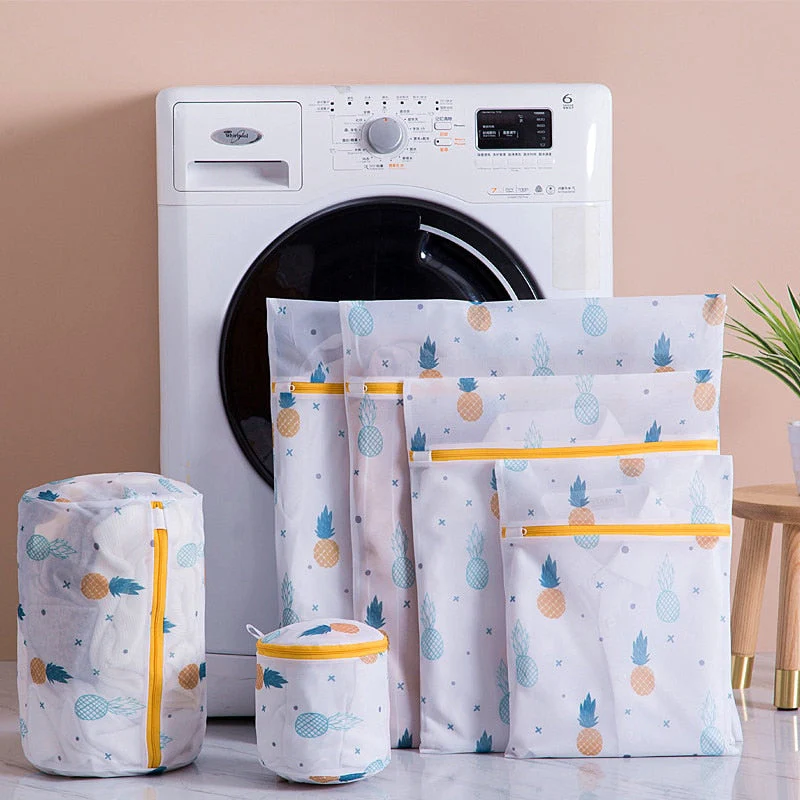 HULIANFU Pineapple Printing Zippered Mesh Laundry Bag Polyester Washing Net Bag For Underwear Sock Washing Machine Pouch Clothes Bra Bags - Deanwangkt