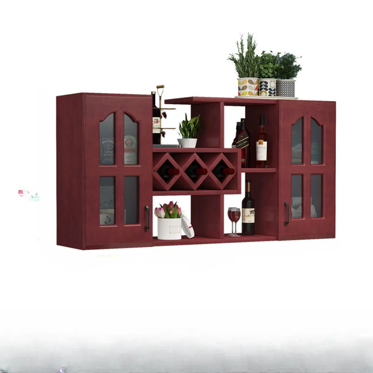 Wooden Wall-Fixed Bottle Holder Rack with Glass Holder Shelf