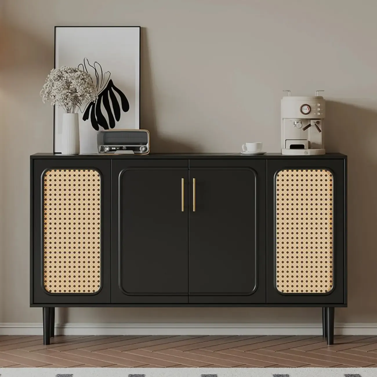 Modern Ink Wood Slab Buffet with Adjustable Shelving