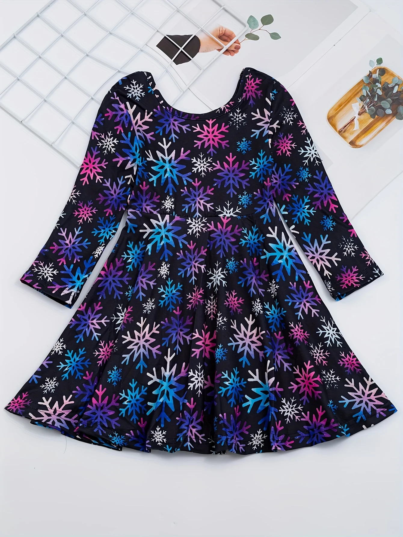 Colorful Snowflake Graphic Long Sleeve Dress Girls Casual Dresses Kids Gift Halloween Christmas - Deanwangkt