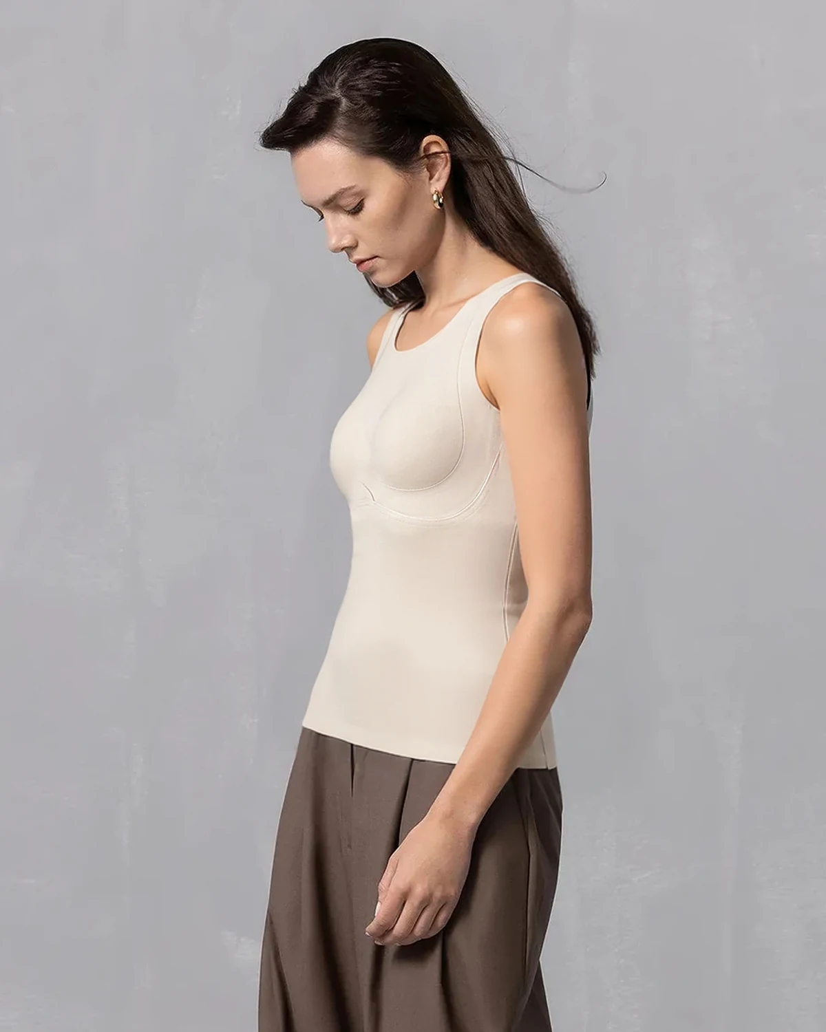No-bra-needed fixed-cup double-sided brushed fleece camisole with bra pads, cashmere and mulberry silk integrated thermal tank for women