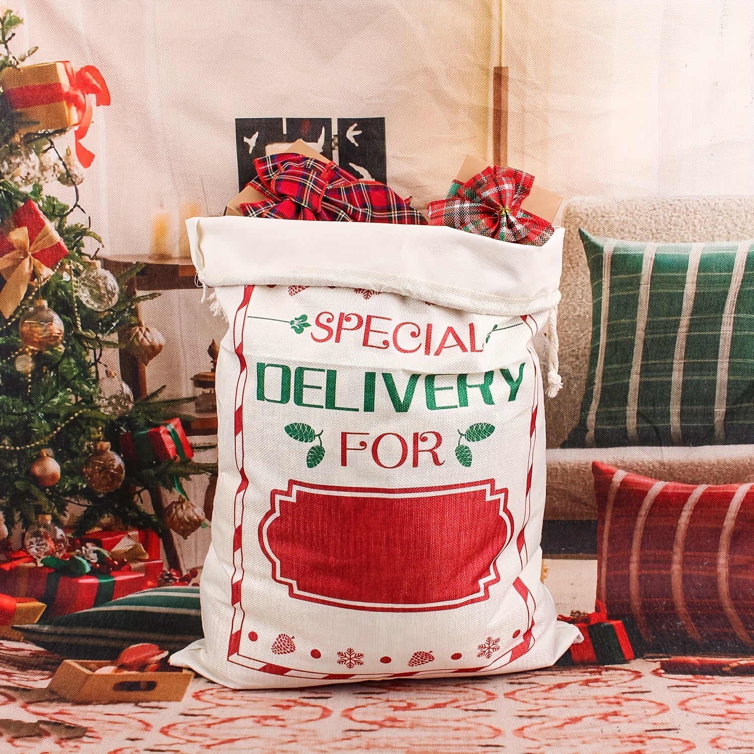 Christmas Burlap Drawstring Gift Bag - Large Festive Print Design With Twine Accessory for Holiday Party Decor, Candy and Present Packaging (18.89in x 25.9in) - Pack of X - Deanwangkt