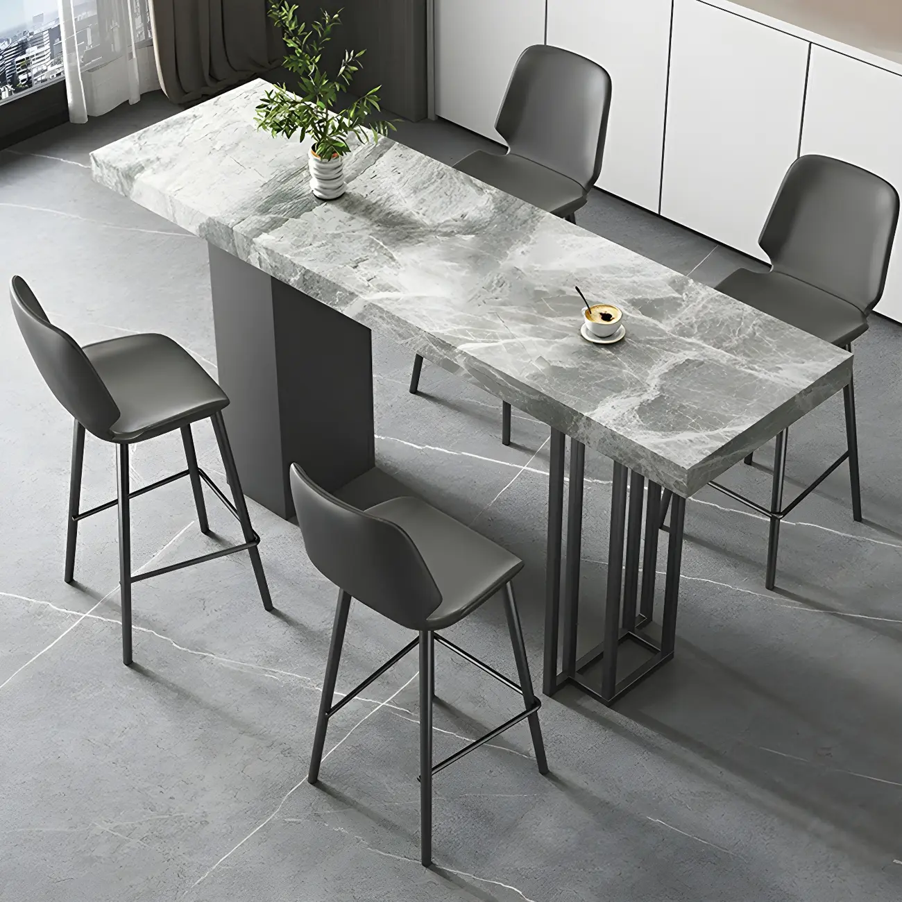 Modern Black Stone Counter Height Metal Rectangular Bar Table