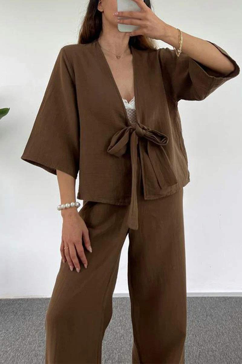 hulianfu Casual Simplicity Solid Pocket V Neck Three Quarter Two Pieces(3 Colors) - Deanwangkt