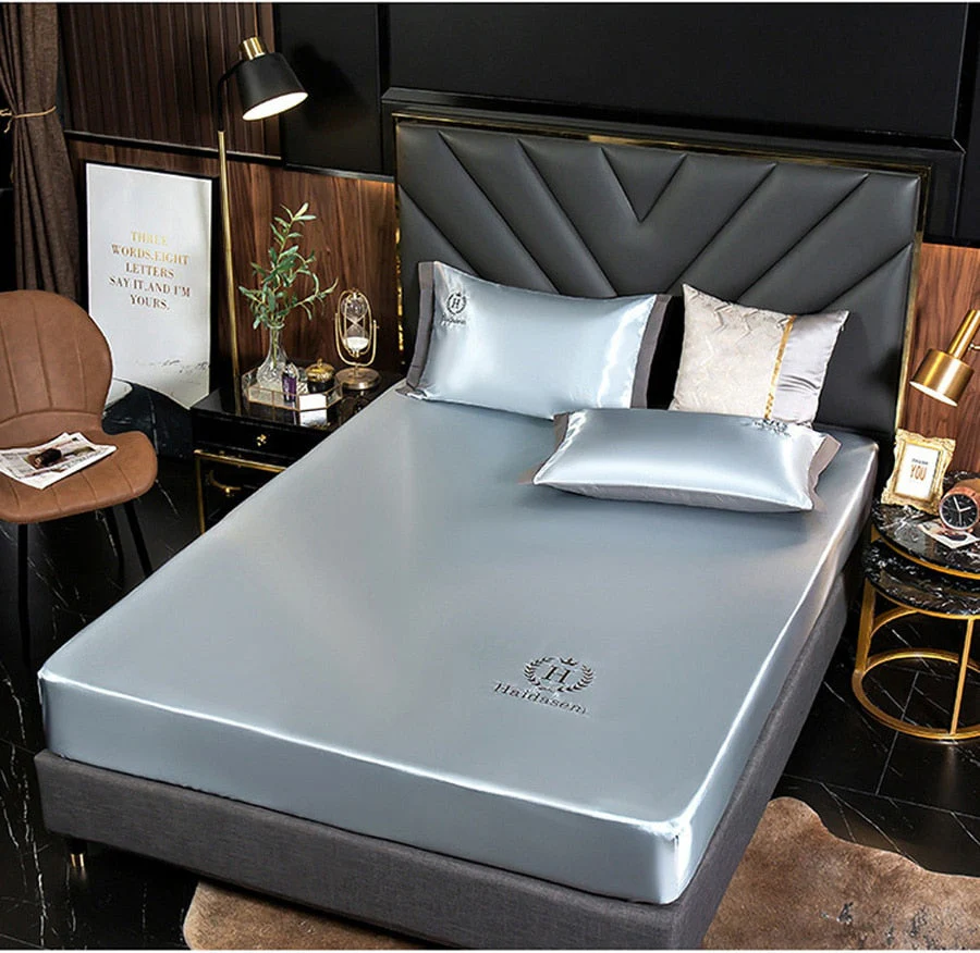 HULIANFU  WOSTAR Luxury ice silk fabrics elastic fitted sheet summer solid bedding mattress protector cover queen king size bed sheet set - Deanwangkt