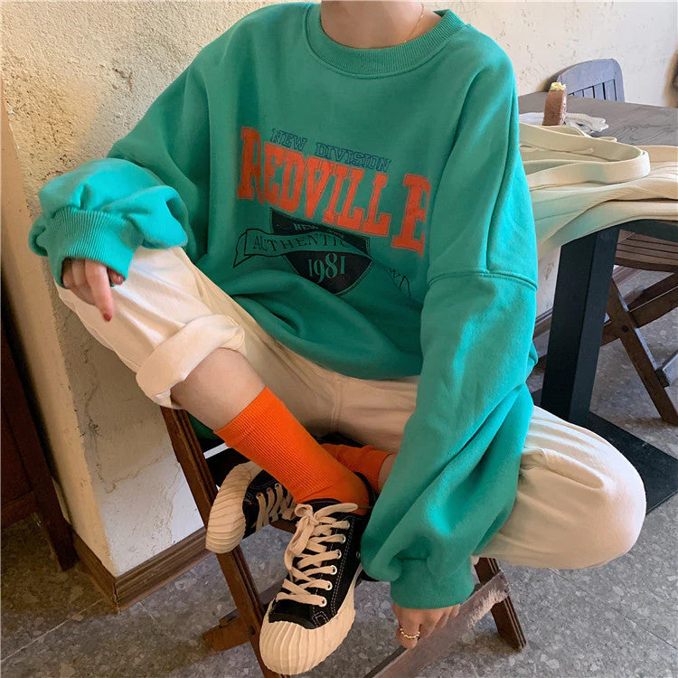 Autumn Women Fleece Letter Printed Pullover Sweatshirt Long Sleeve Casual Sports Lady Oversized Hoodie Korean Fashion - Deanwangkt