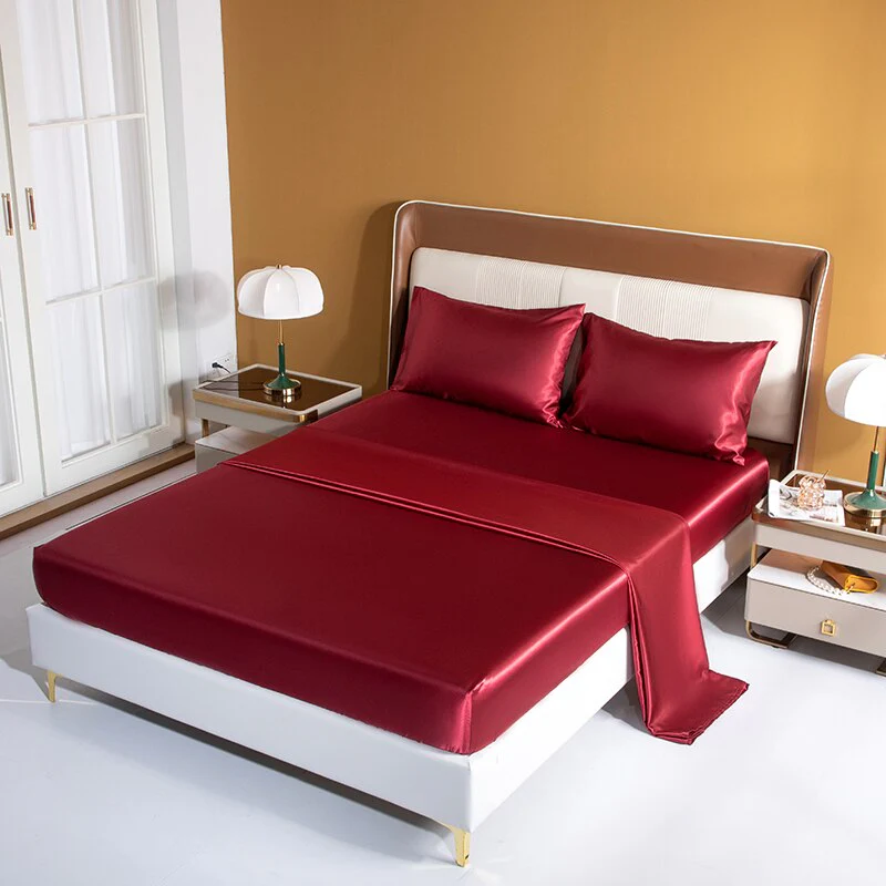 HULIANFU Satin Silk Sheet Set King Size Luxury Rayon Flat Sheet Set Solid Color Bed Sheet Set Single Double Fitted Sheet Set - Deanwangkt