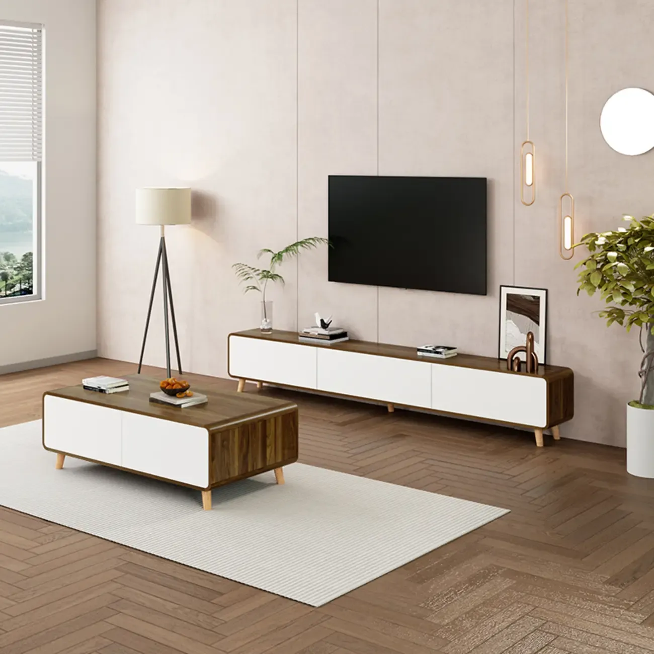 Modern Wood TV Stand with Drawers and Cable Management