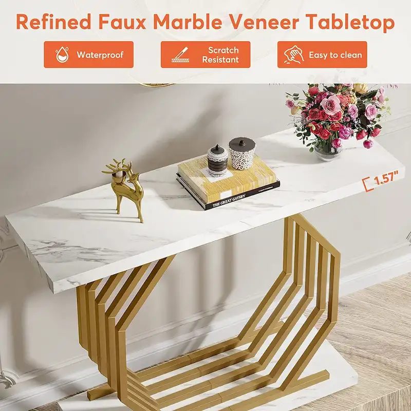 Gold Console Table, Faux Marble Entryway Table Narrow Sofa Table , 40 Inch Modern Accent Table with Geometric Metal Base