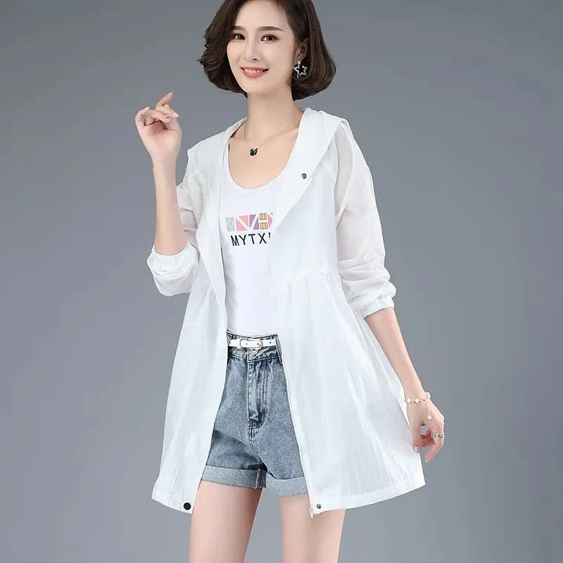 Hulianfu New Summer Medium Long Sun Protection Clothing Female Thin Jacket Loose Hooded  Coat Sun Protection Windbreaker Women - Deanwangkt