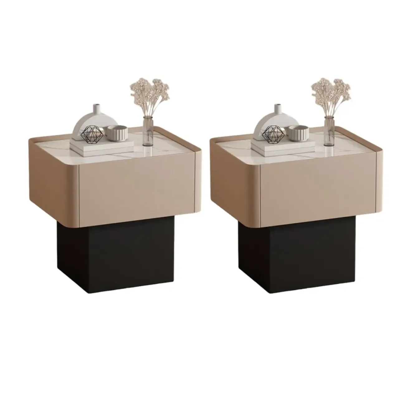 Modern Faux Leather Drawer Nightstand with Stone Top