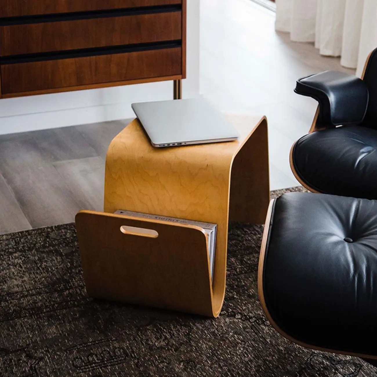 Convertible Wooden Nut-Brown C-Shaped Sofa Side Table