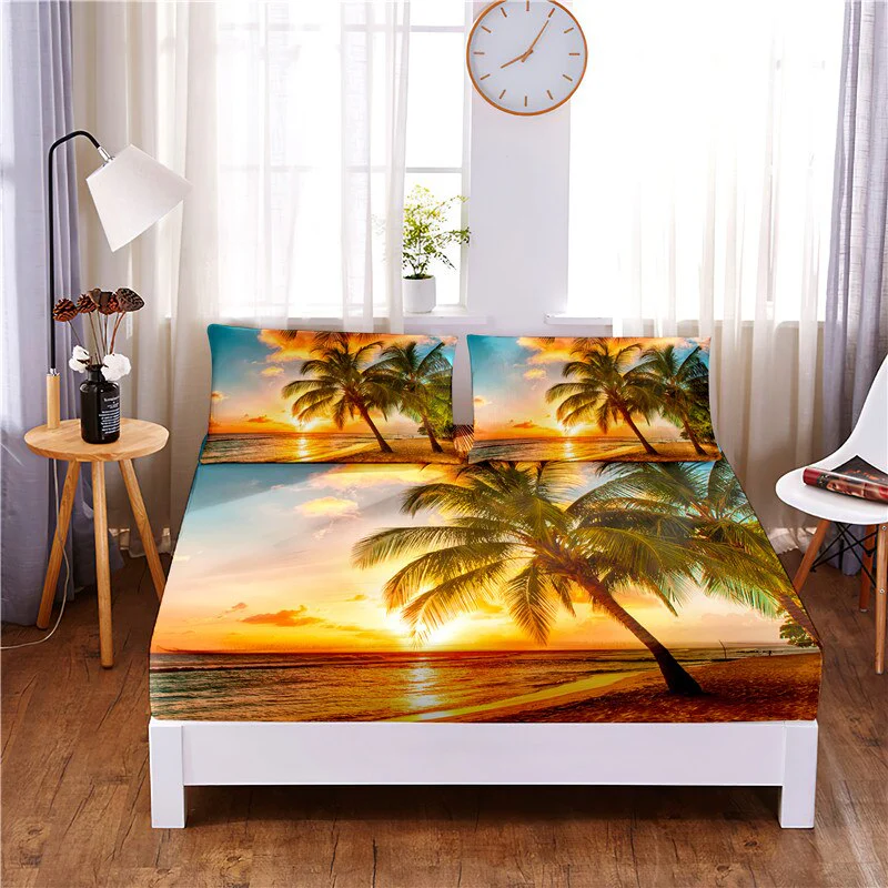 HULIANFU Sunset Beach Digital Printed 3pc Polyester  Fitted Sheet Mattress Cover Four Corners with Elastic Band Bed Sheet Pillowcases - Deanwangkt