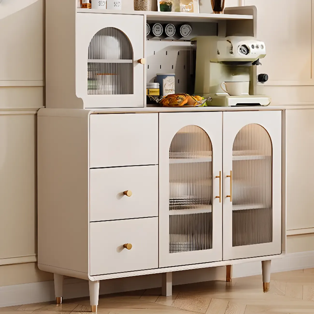 White 3-Drawer Glass Countertop Wood Sideboard