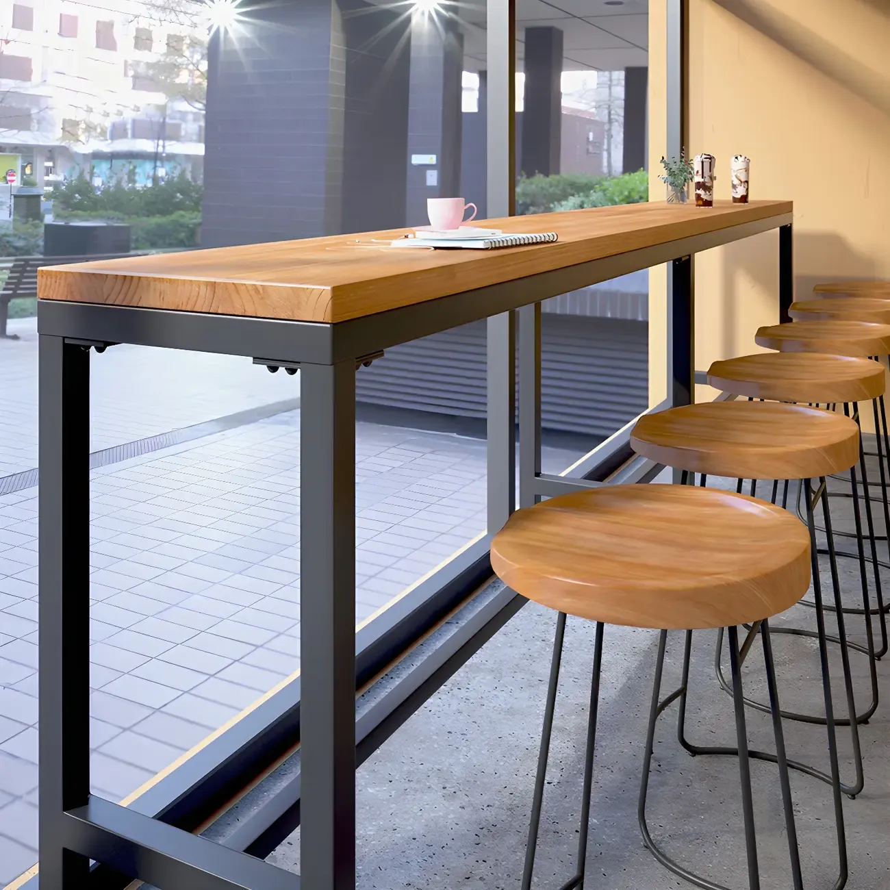 Modern Brown Wooden Iron Trestle Base Bar Table