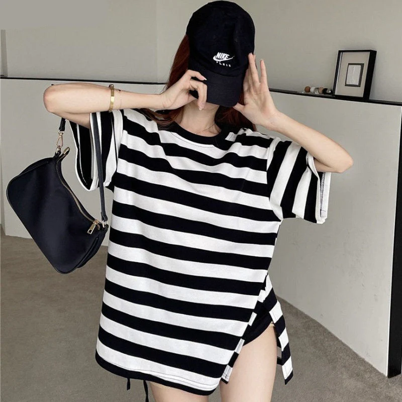 Hulianfu Striped T-shirts Women Slit M-4XL Streetwear Loose Summer Simple Short Sleeve All-match Students Ulzzang Fashion Casual Ins BF - Deanwangkt