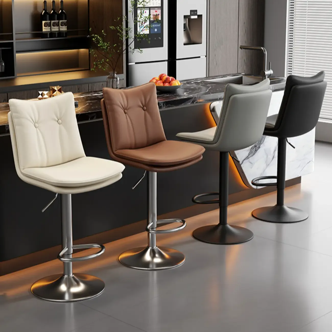Adjustable Leather Low Back Swivel Bar Stools with Footrest