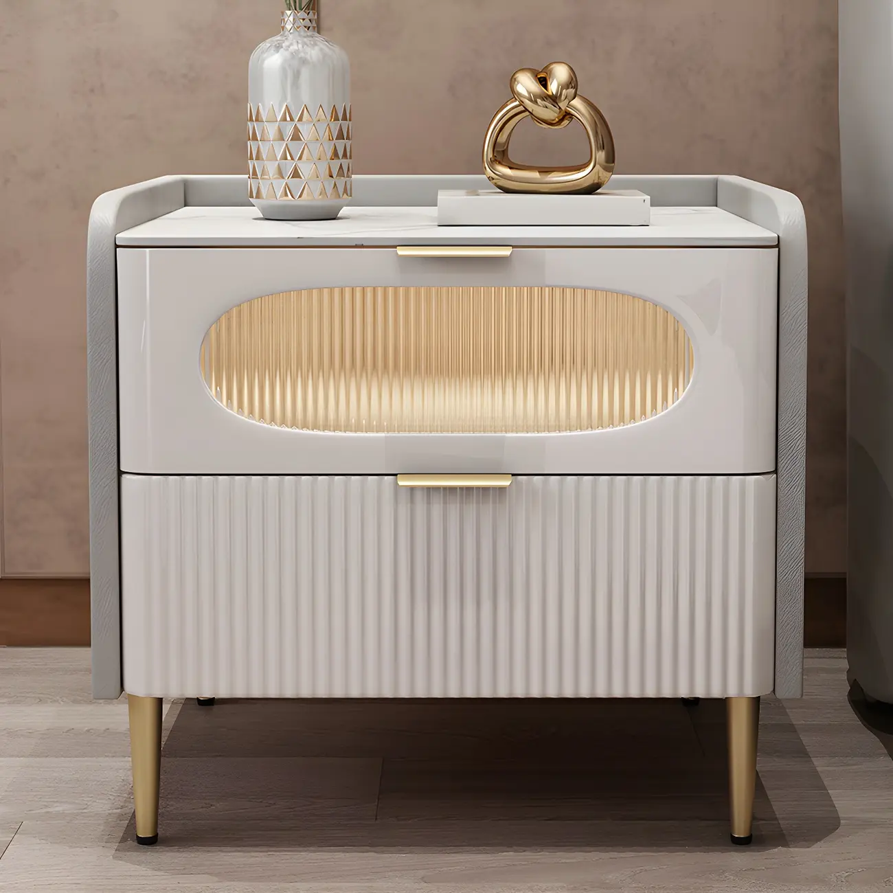 Modish Leather Bedside Table 2 Drawers with Stone Countertop