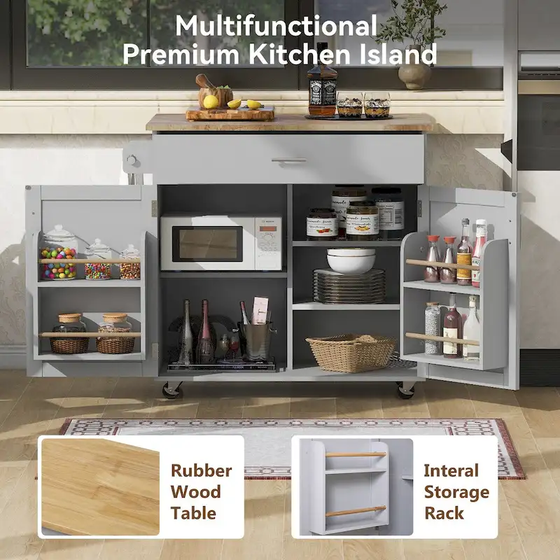 A Mobile Kitchen Island Storage , Adjustable Shelves, Wheels