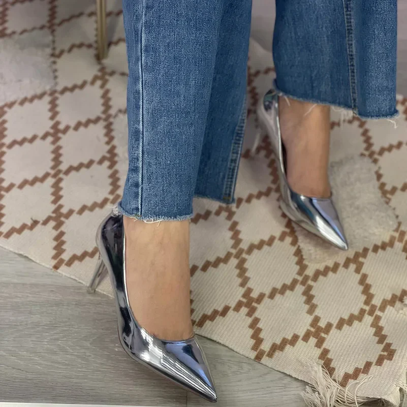 Women Patent Leather Pumps 7.5cm 10.5cm High Heels Lady Stiletto Low Heels Wedding Bridal Mteallic Silver Gold Sparkly Shoes - Deanwangkt