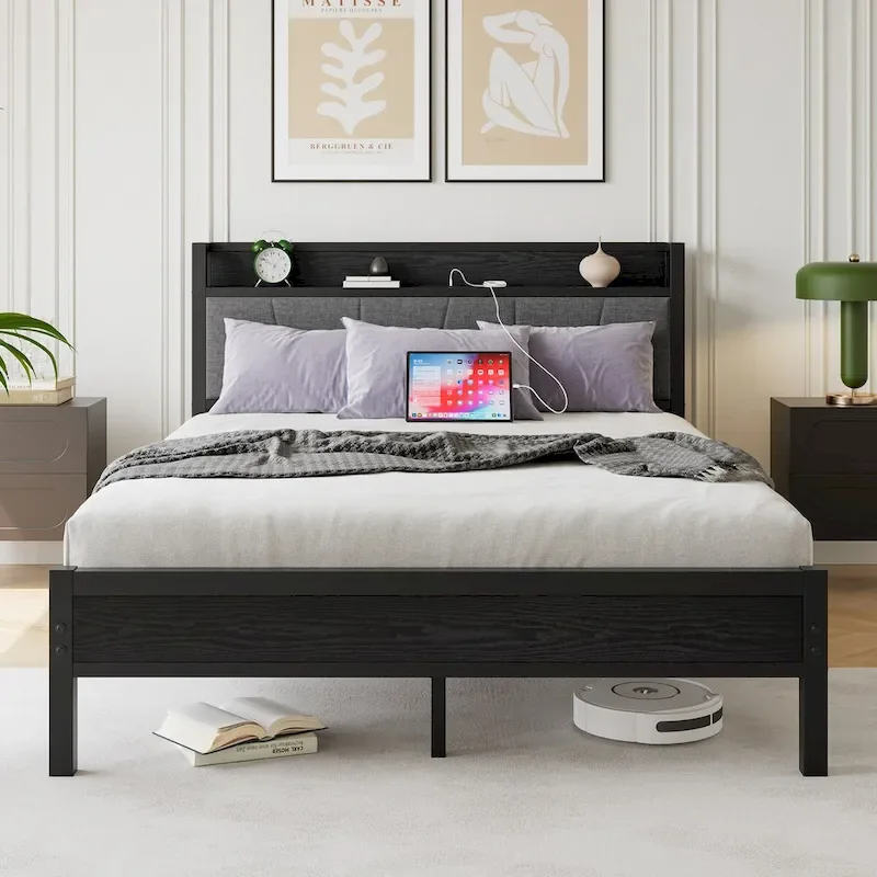 Queen/Full/Twin Size Bed Frame with Storage Headboard and Charging Station, Noise Free