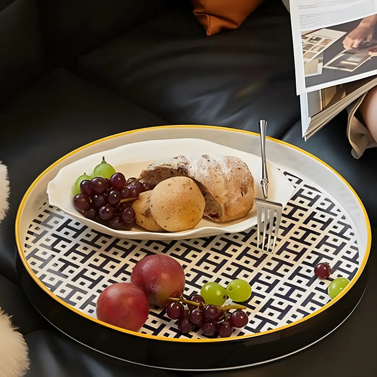 Scandinavian Round End Table with Ceramic Tray Top