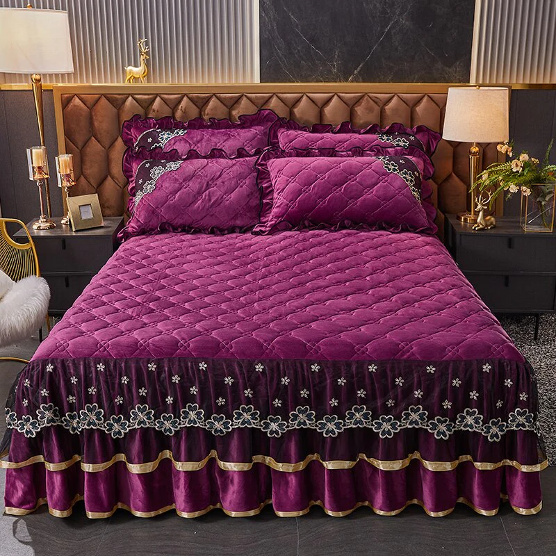 HULIANFU Luxury Super Soft Crystal Velvet Fleece Lace Ruffles Quilted Bed Skirt Mattress Cover Bedspread Pillowcase Bedding Home Textiles - Deanwangkt