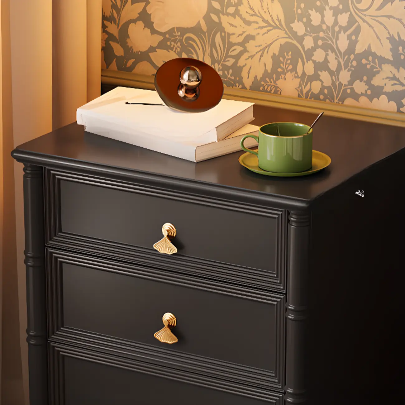 Traditional Rectangular Solid Wood 3-Drawer Black Nightstand