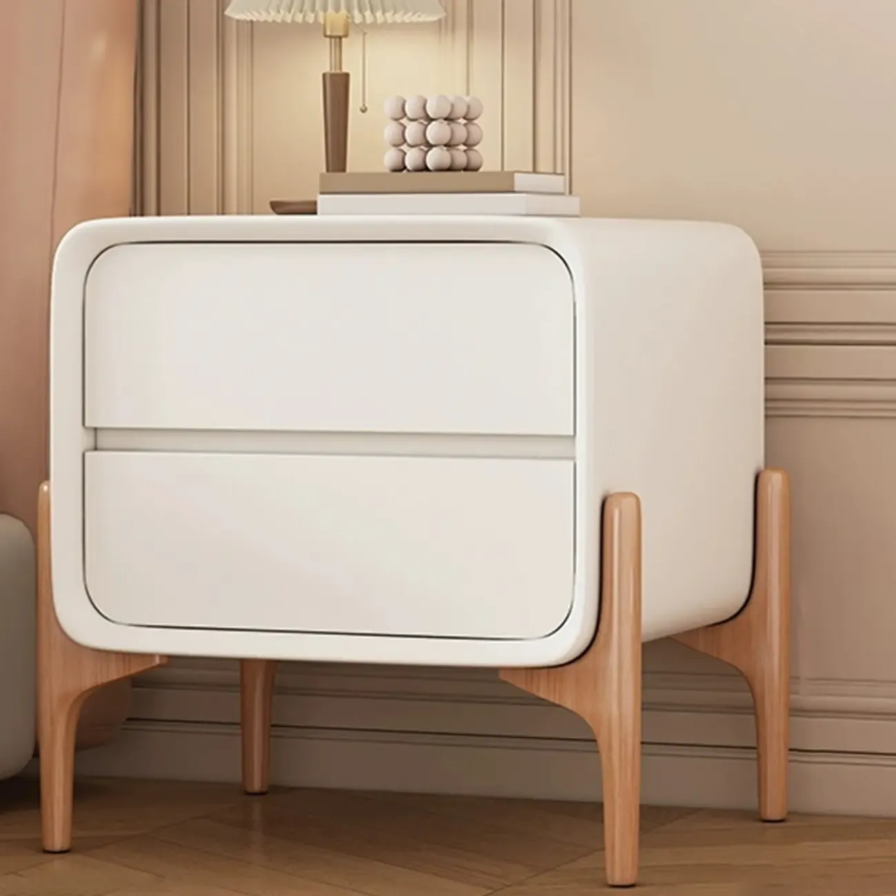 Simple Curved Wooden Faux Leather 2 Drawer Nightstand