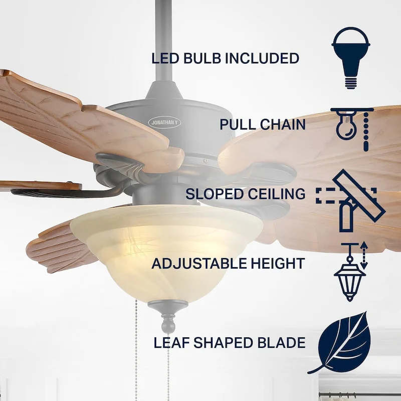 Owen 52  3-Light Coastal Bohemian Iron/Wood Palm Leaf LED Ceiling Fan with Pull Chain, by JONATHAN Y