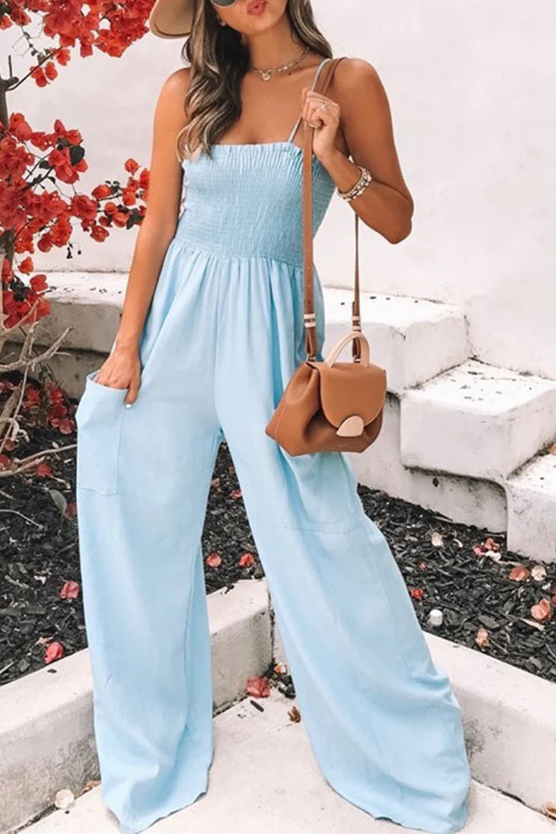 hulianfu Fashion Living Solid Pocket Spaghetti Strap Loose Jumpsuits(5 colors) - Deanwangkt
