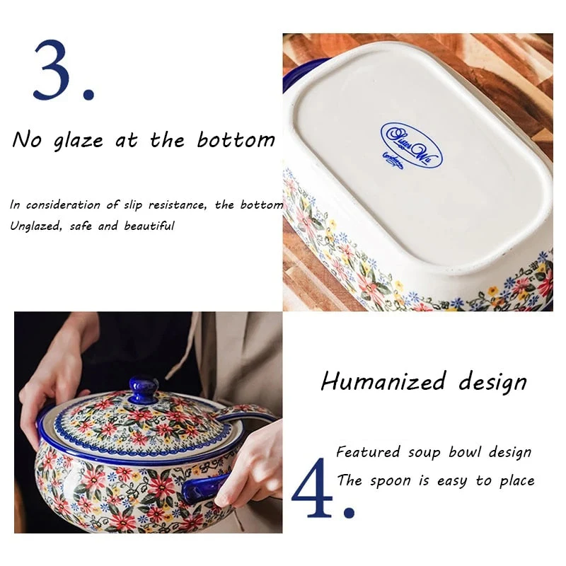 HULIANFU Krusoal Retro Ceramic Handle Salad Bowl Household Oven Breakfast Bake Pan Microwave Bohemia Binaural Soup In-glaze Tableware - Deanwangkt