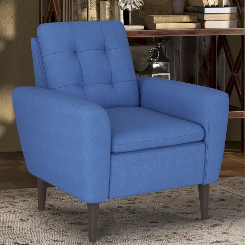 Button Tufted Fabric Accent Chair Armchair with Solid Sagwan Wooden Frame