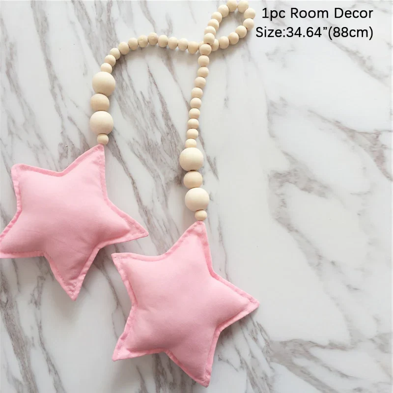 HULIANFU Nordic Boho Room Decor Double Star Moon Wooden Beads Cotton Hanging Wall Decoration Kawaii Kids Baby Bedroom Living Room Decor - Deanwangkt