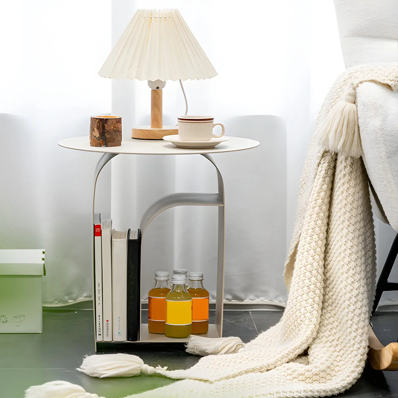 Industrial Narrow White Metal Bedside Table with Round Top