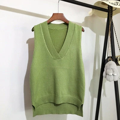 Autumn Women's Sweater Vest V-neck Sleeveless Irregular Casual Loose Knitted Pullover Tops Female Outerwear - Deanwangkt