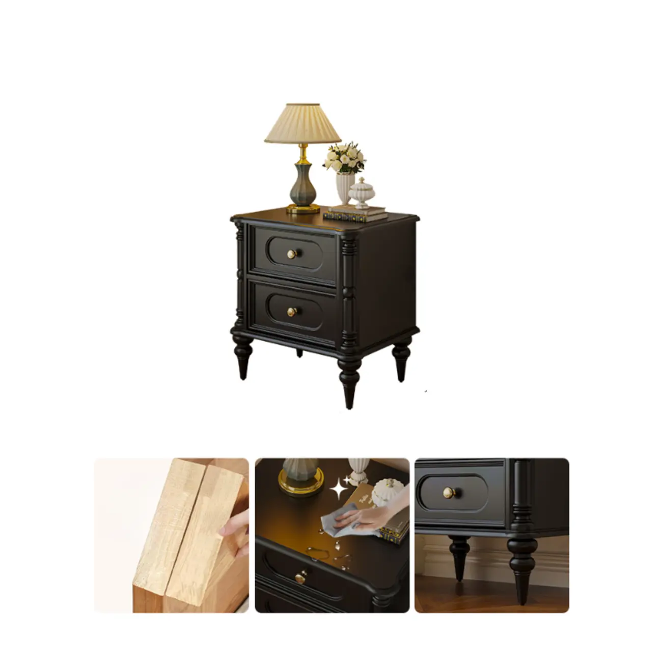 Traditional Black Wood 2 Tiers Drawer Nightstand