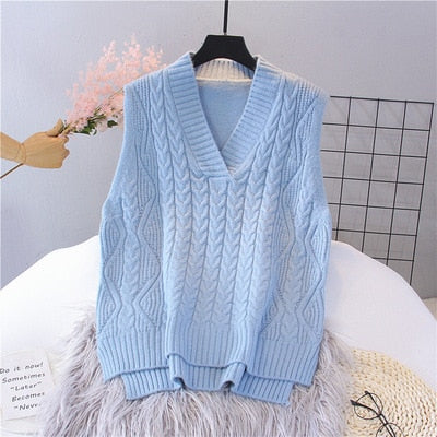 Autumn Women's Sweater Vest V-neck Sleeveless Irregular Casual Loose Knitted Pullover Tops Female Outerwear - Deanwangkt