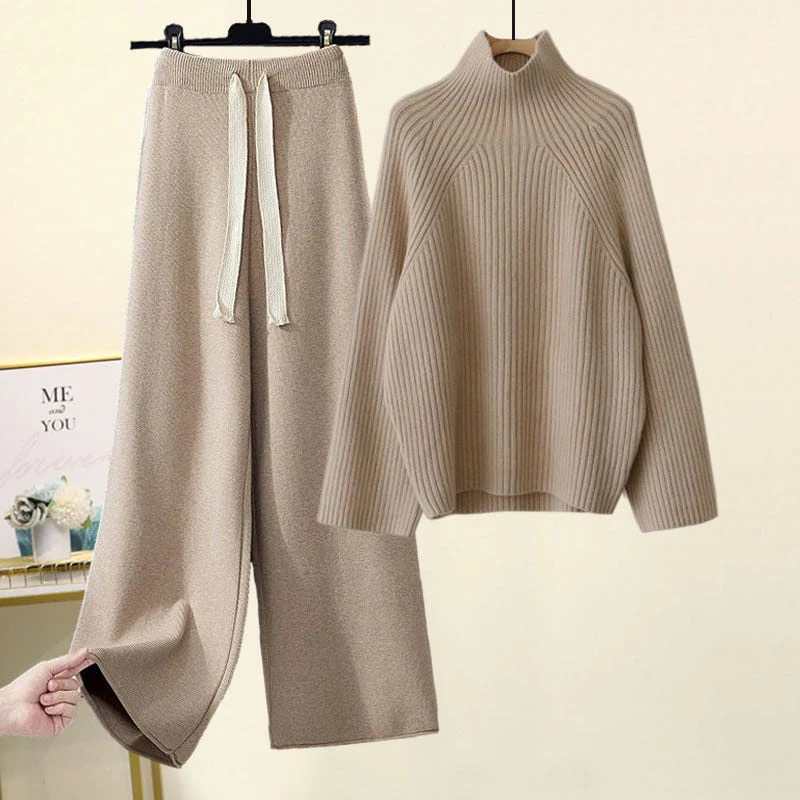 Hulianfu Autumn Winter Warm Knitted Suit Women Long Sleeve Half Turtleneck Knitting Sweater And Wide Leg Pants Sets Outer Wear Loose Set - Deanwangkt