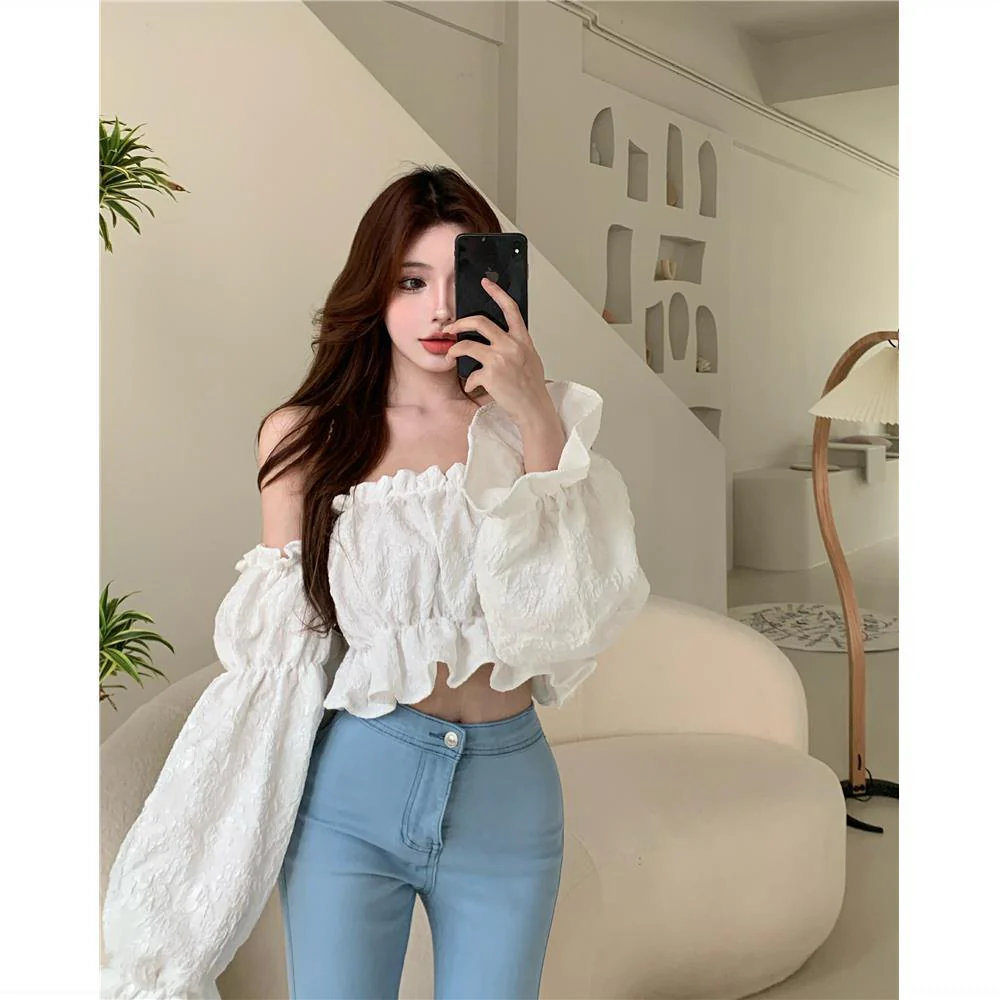 Hulianfu Floral Fashion Women Blouse Sexy Low Cut Blouse Tall Tops High Quality Jacquard Beautiful Tee Shirt Long sleeve Youth Clothing - Deanwangkt