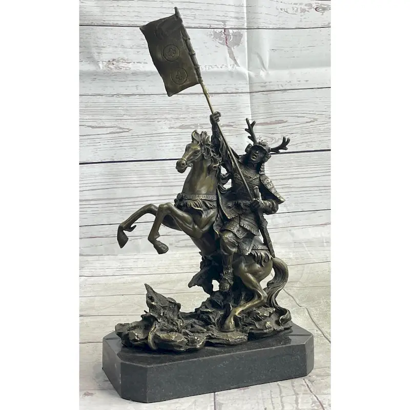 Japanese Samurai Warrior On Horseback W/ Battle Flag Bronze Sculpture Statue By Kamiko